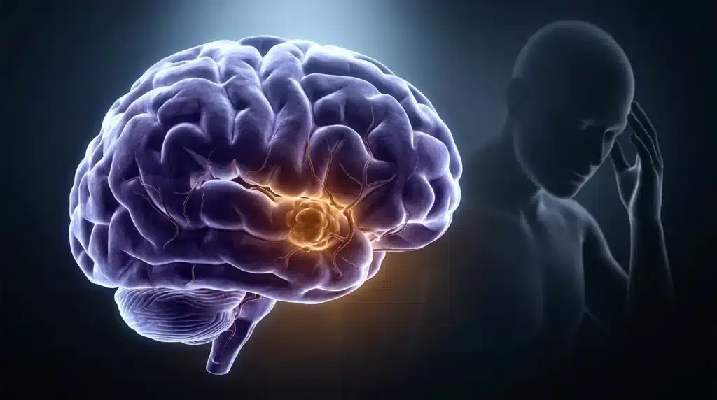 Illustration 3D du cerveau avec zone lumineuse dorée
