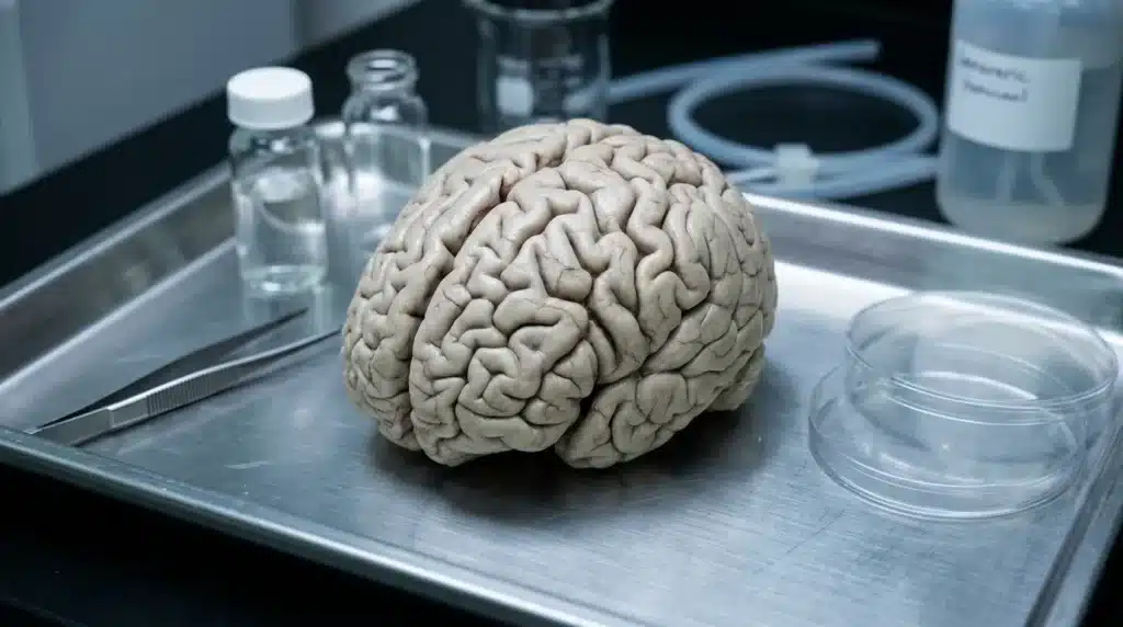 Cerveau humain posé sur plateau médical de laboratoire