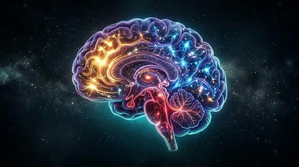 Cerveau brillant avec connexions lumineuses colorées