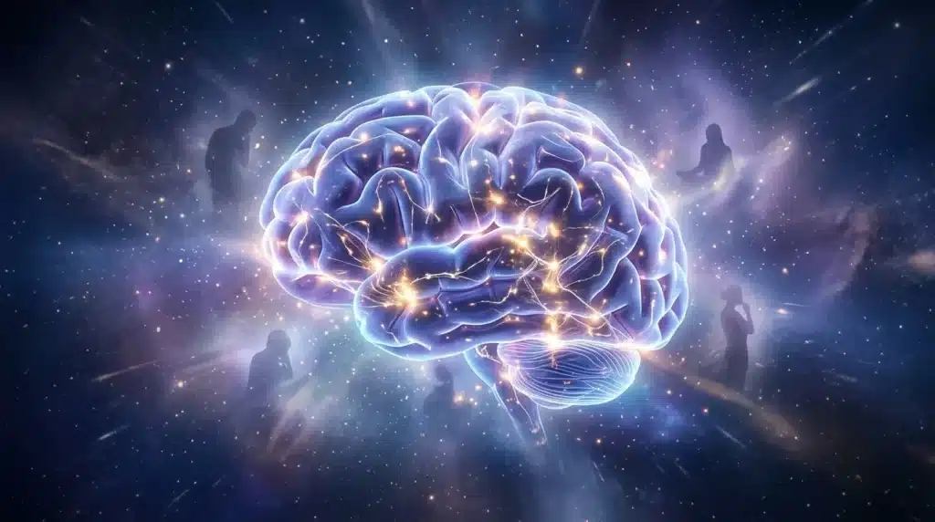 Cerveau brillant entouré d'étoiles et de silhouettes humaines