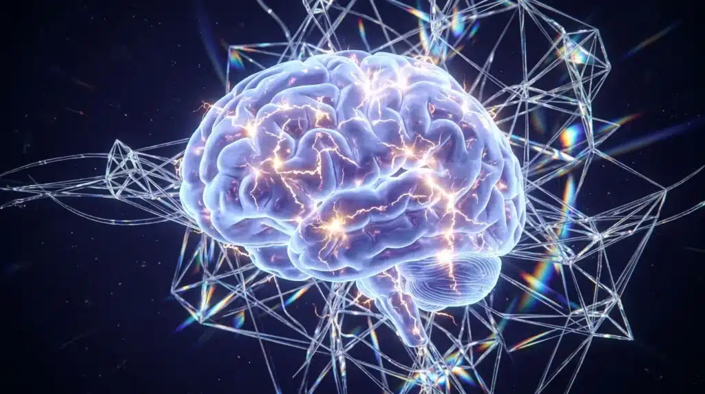 Cerveau luminescent connecté par réseau géométrique brillant