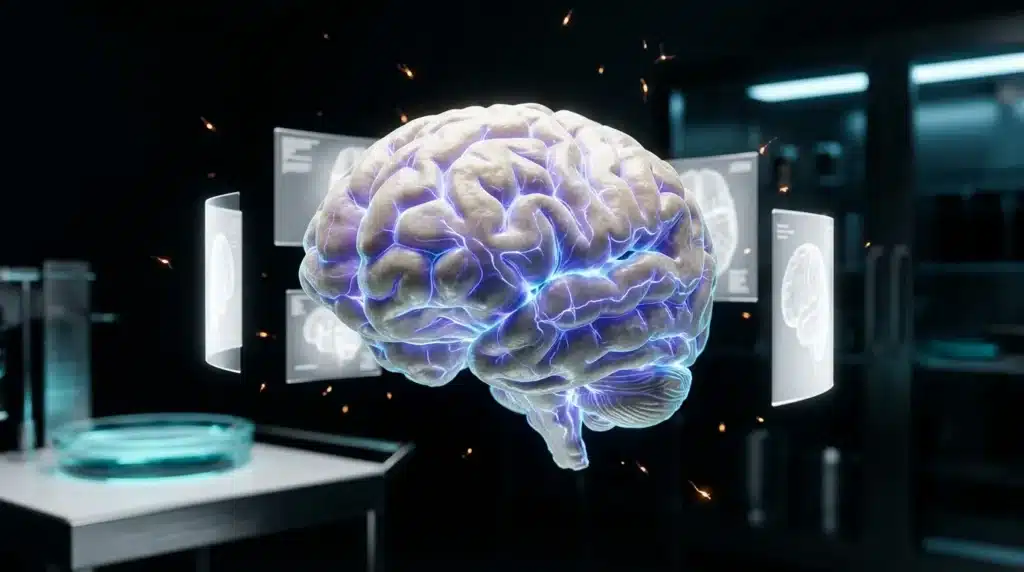 Cerveau holographique luminescent entouré d'écrans numériques