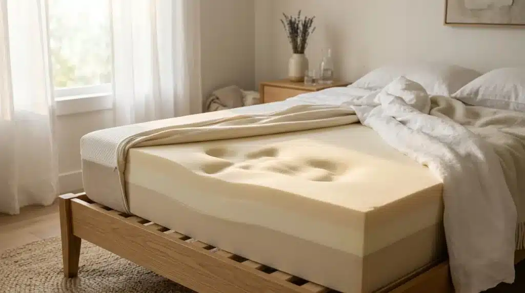 Lit avec matelas en mousse beige et draps blancs