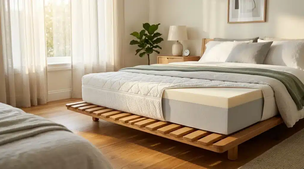 Chambre lumineuse avec lit queen-size, matelas blanc et cadre bois naturel