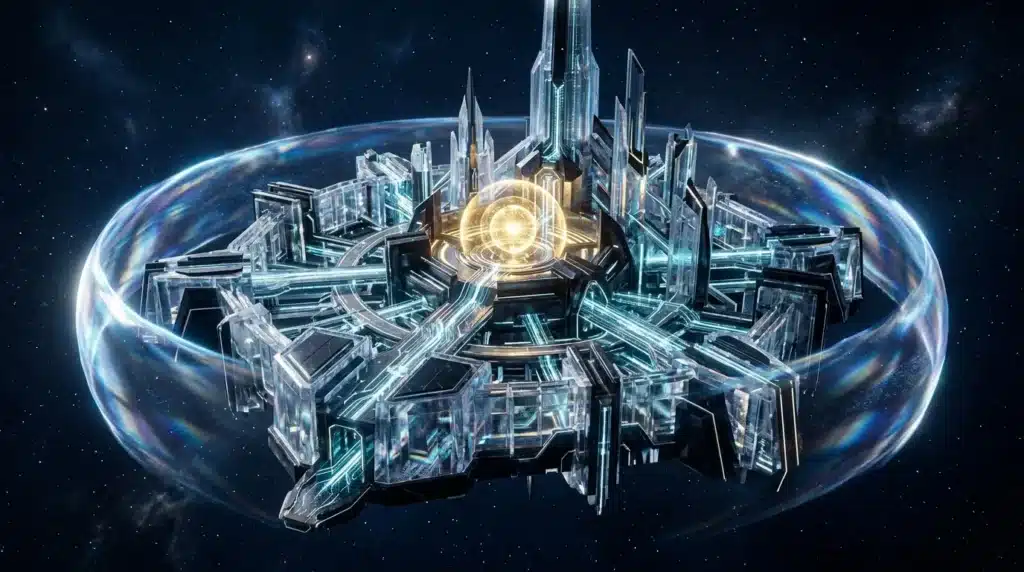 Métropole futuriste brillante flottant dans l'espace cosmique