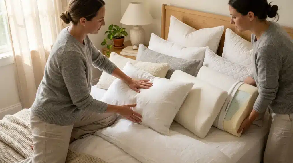 Deux femmes testent et comparent plusieurs oreillers sur un lit