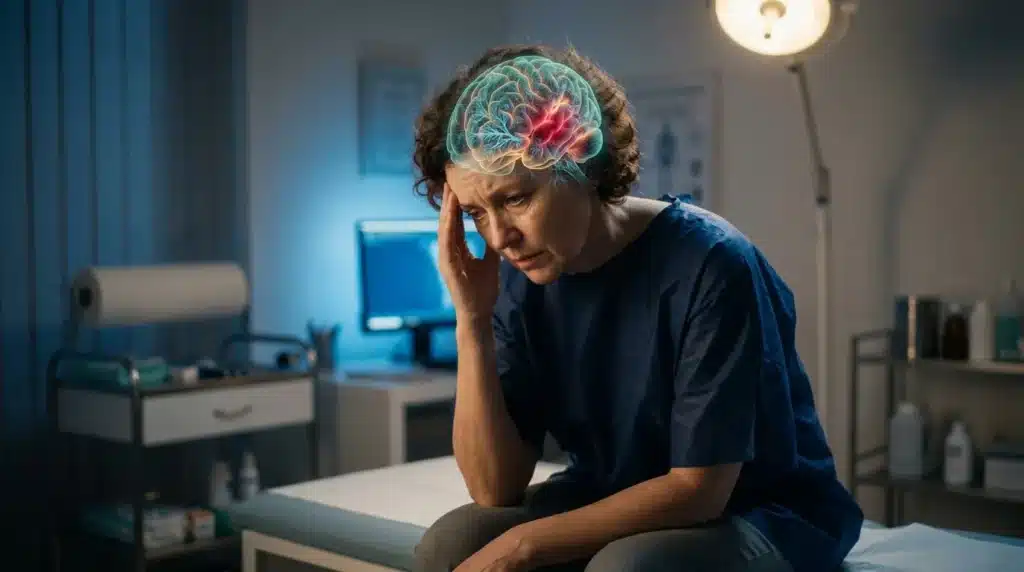 Femme souffrant de migraine dans un cabinet médical