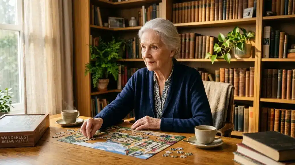 Femme senior complète un puzzle à sa table de travail