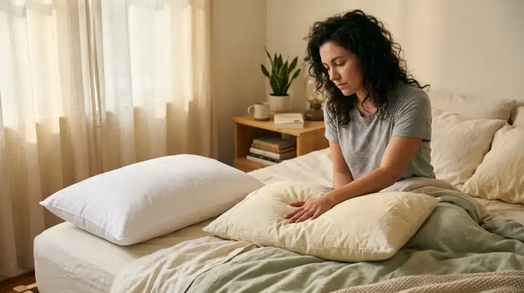 Femme arrangeant des oreillers blancs sur son lit