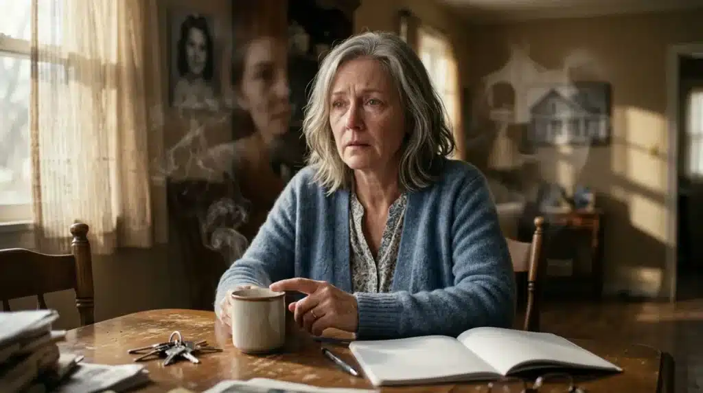 Femme âgée tenant une tasse de café, regardant par la fenêtre pensivevement