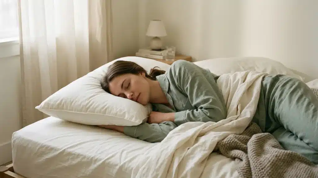 Femme endormie confortablement dans un lit blanc.