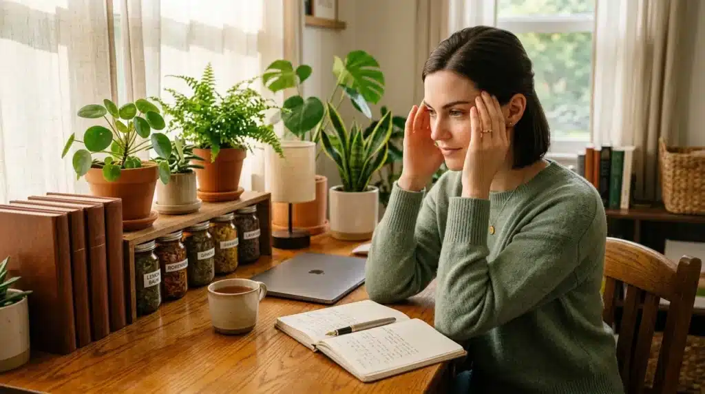 Femme en vert à son bureau entourée de plantes vertes