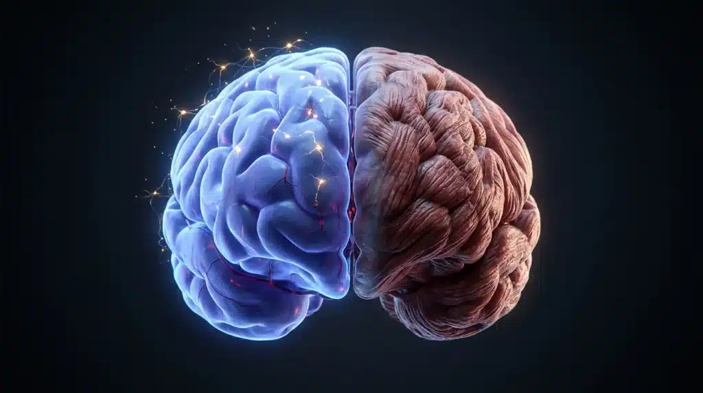Cerveau divisé en deux hémisphères bleu et marron illuminés