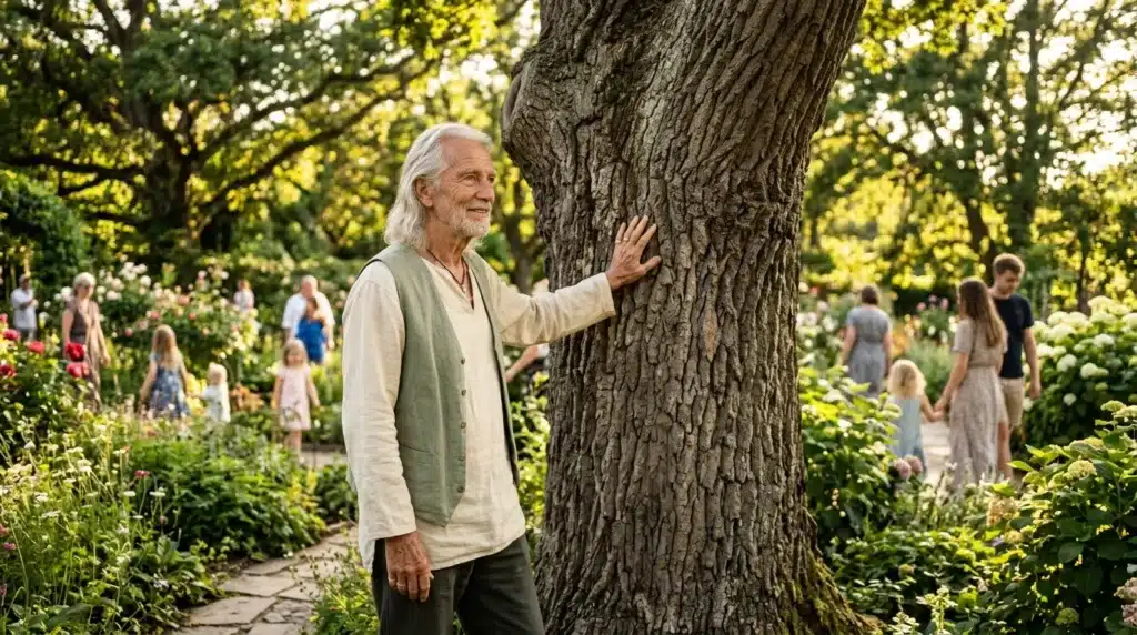 Homme senior touchant un grand arbre en jardinage public