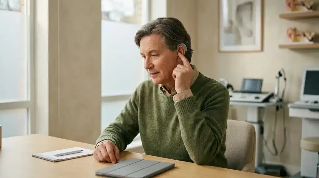 Homme portant casque écouteurs, assis à bureau avec tablette