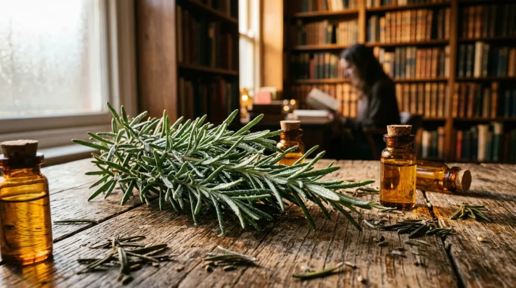 Branche de romarin frais avec flacons d'huile essentielle sur table