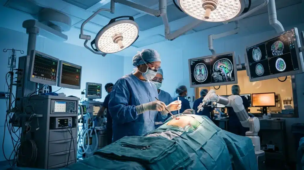 Chirurgiens opérant patient en salle stérile avec équipement médical
