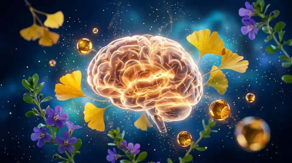 Cerveau luminescent entouré de fleurs et de particules dorées