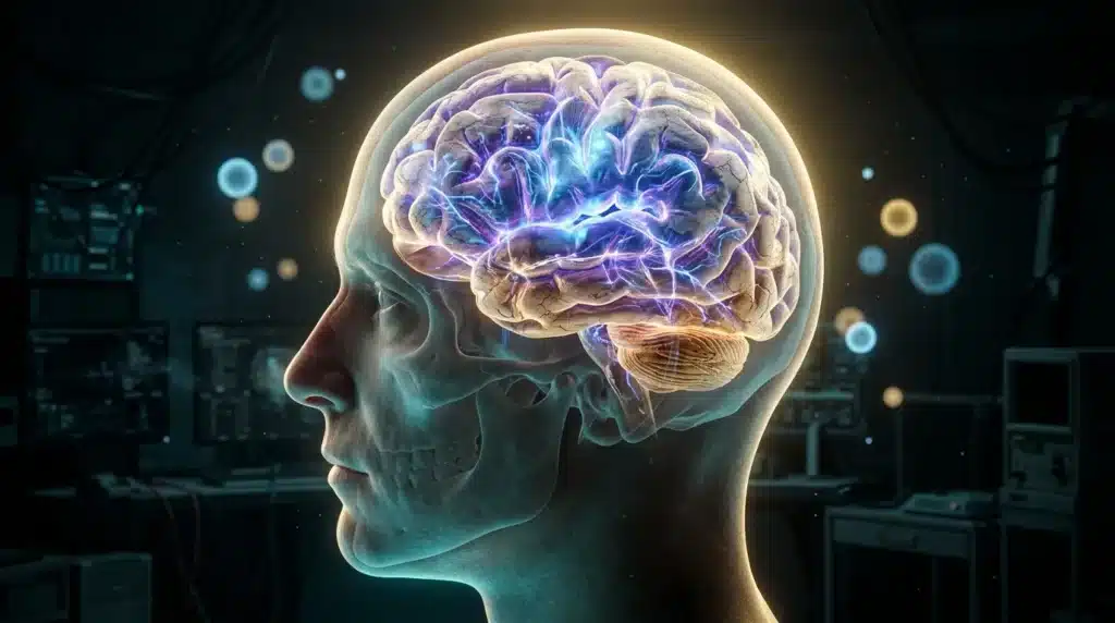 Cerveau luminescent avec énergie électrique dans une tête translucide