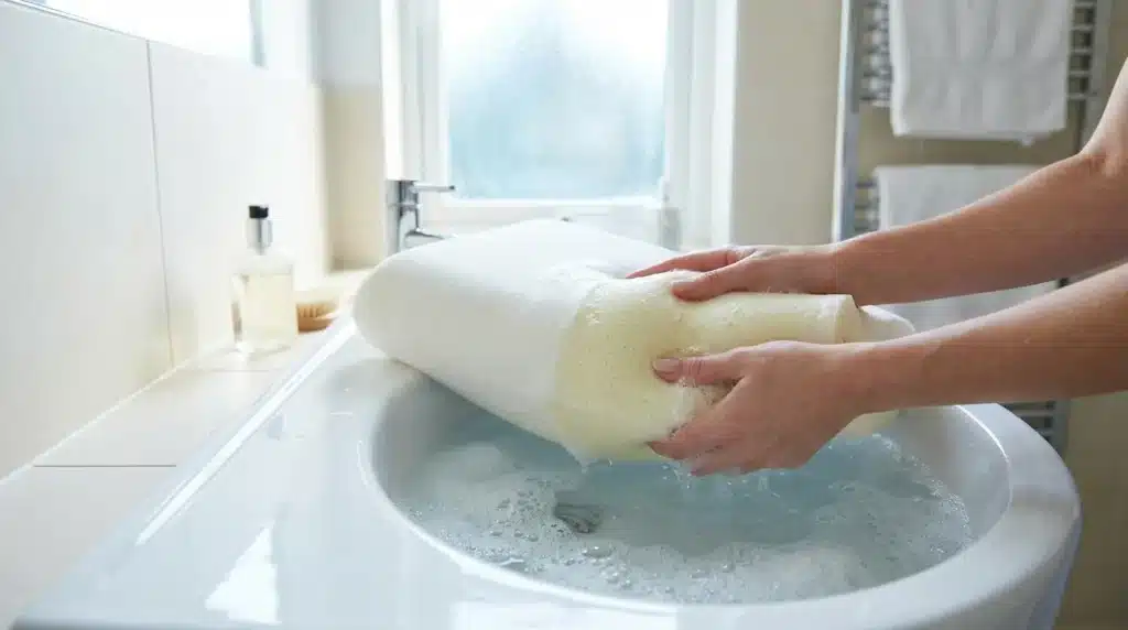 Mains en train de laver une éponge savonneuse dans un lavabo