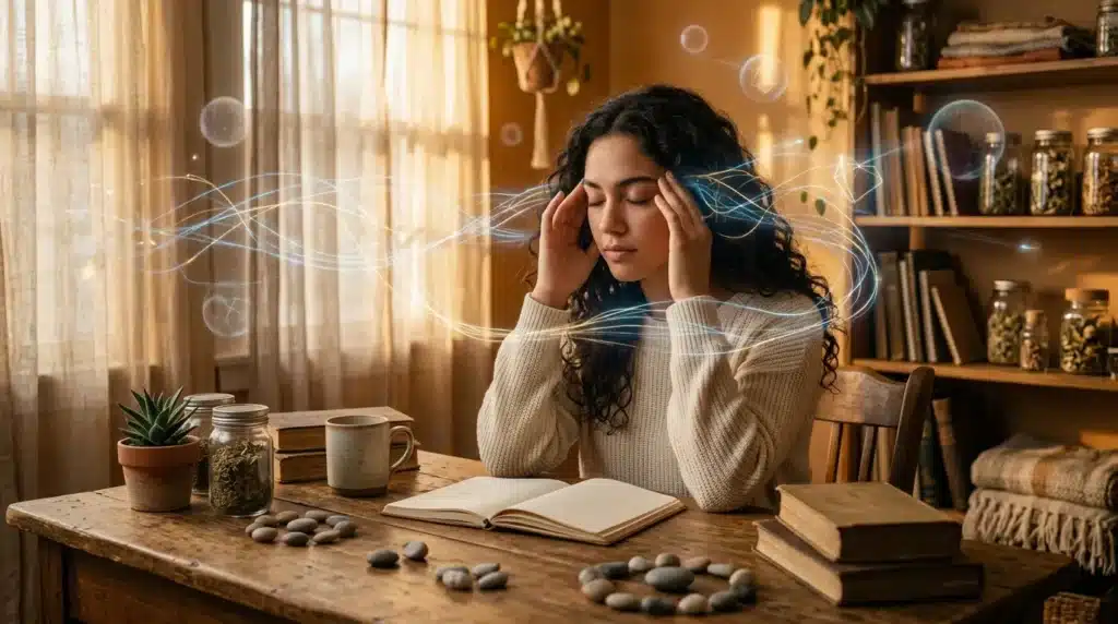 Femme méditant à son bureau dans une ambiance zen