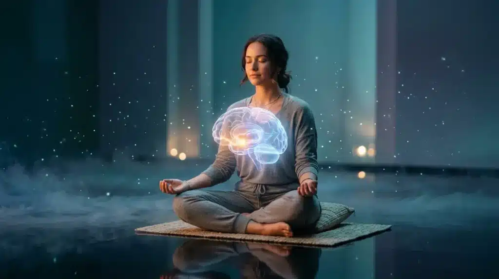 Femme méditant avec cerveau luminescent flottant