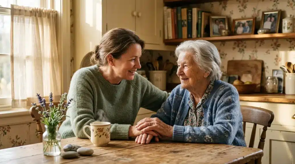 Femme adulte et grand-mère âgée discutent autour d'une tasse