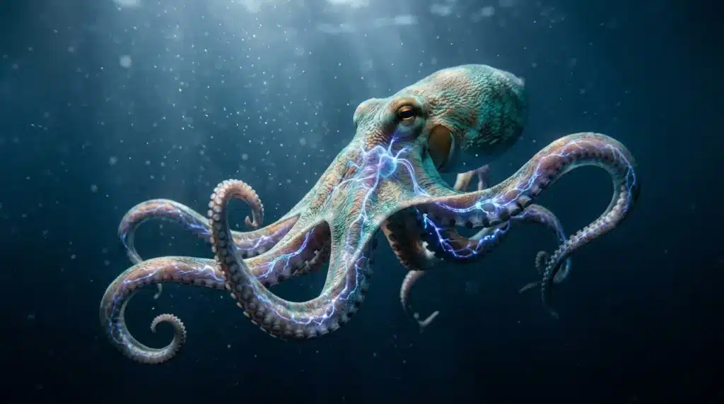 Pieuvre colorée avec tentacules luminescents dans eau profonde