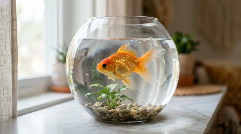 Bocal avec poisson rouge, plantes et graviers près fenêtre