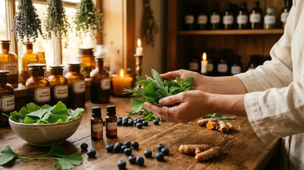 Mains préparant des herbes fraîches avec huiles essentielles et baies