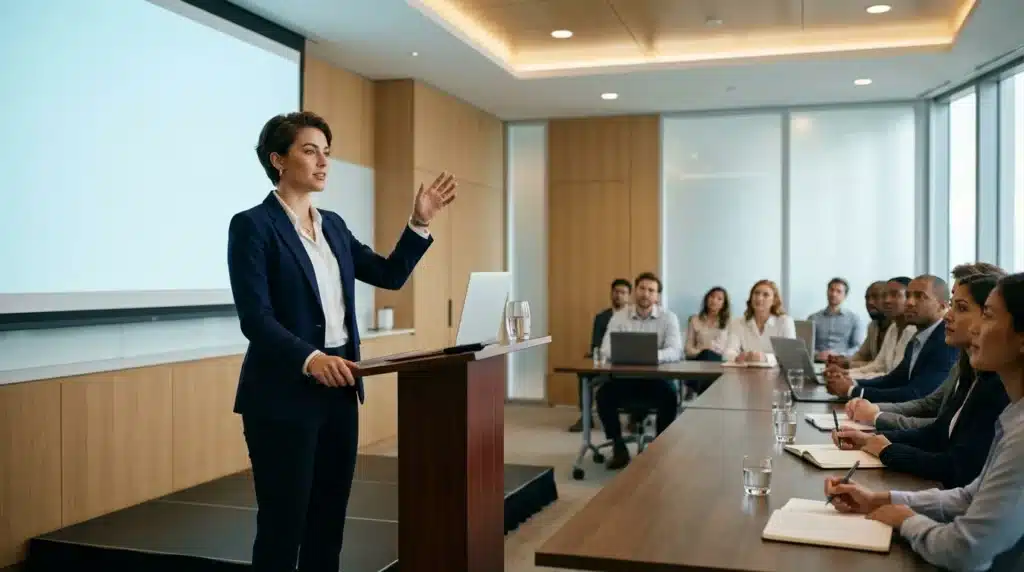 Femme présentant devant un groupe de professionnels assis