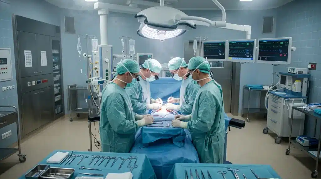 Quatre chirurgiens en tenue stérile effectuent une opération