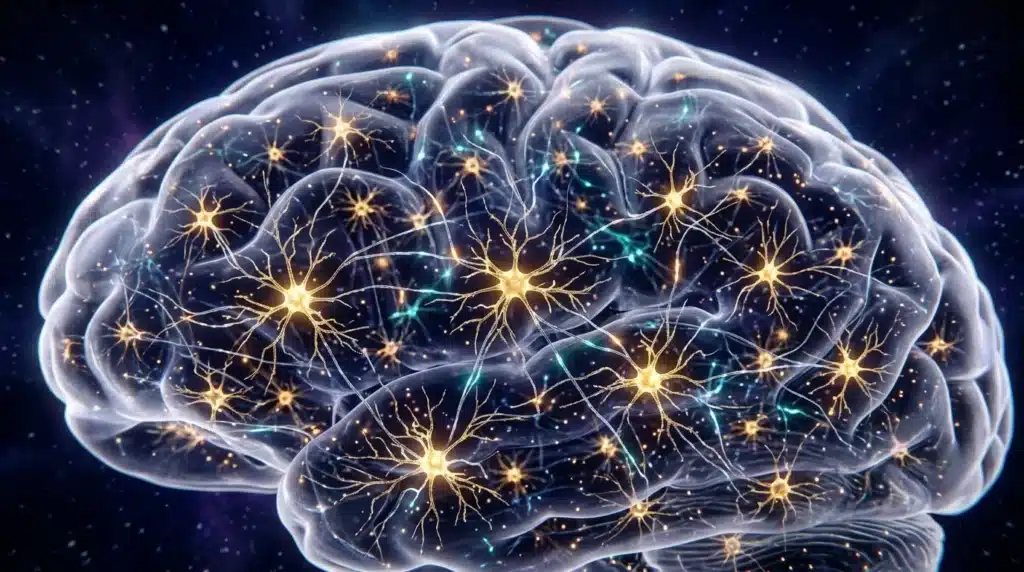 Cerveau transparent avec neurones brillants interconnectés