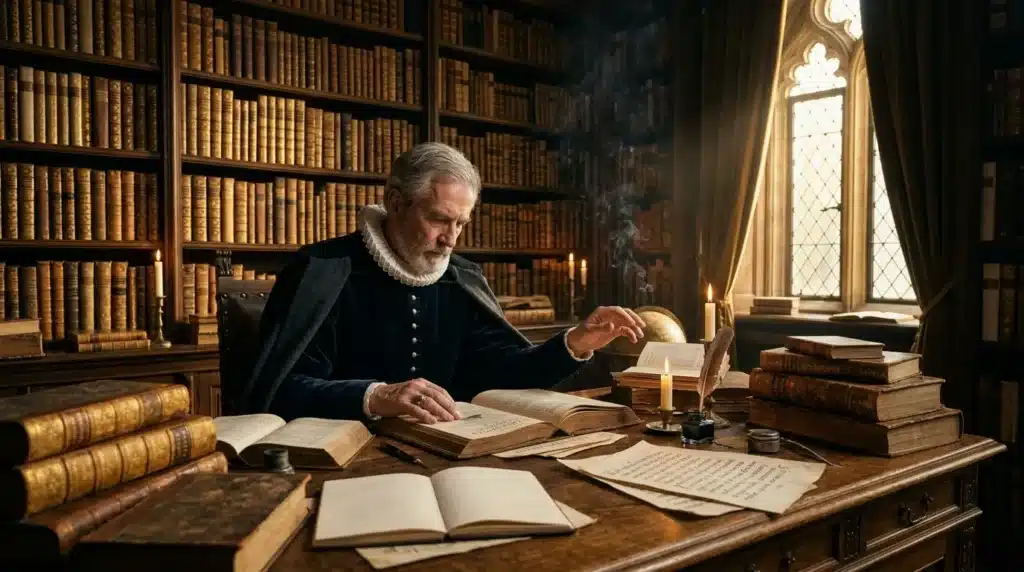 Homme âgé lisant dans une bibliothèque historique illuminée
