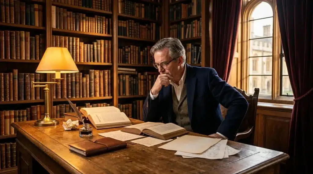 Homme âgé étudiant des livres anciens dans une bibliothèque historique