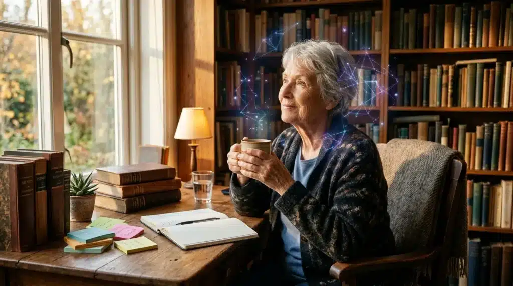 Femme âgée lisant dans une bibliothèque avec graphique numérique