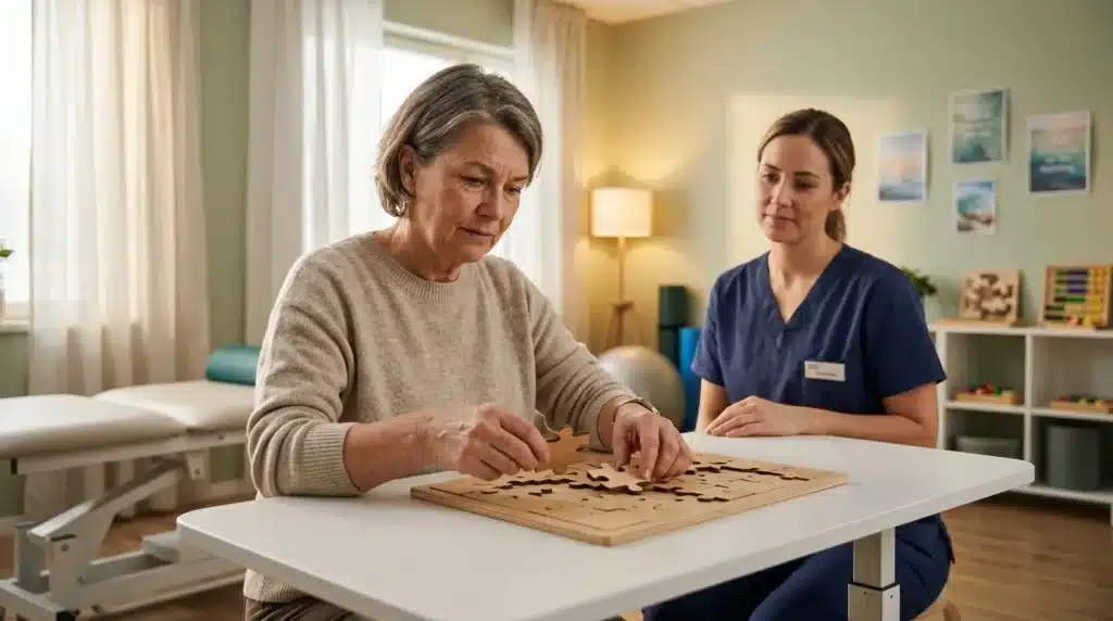 Femme âgée résout puzzle avec aide professionnelle en santé