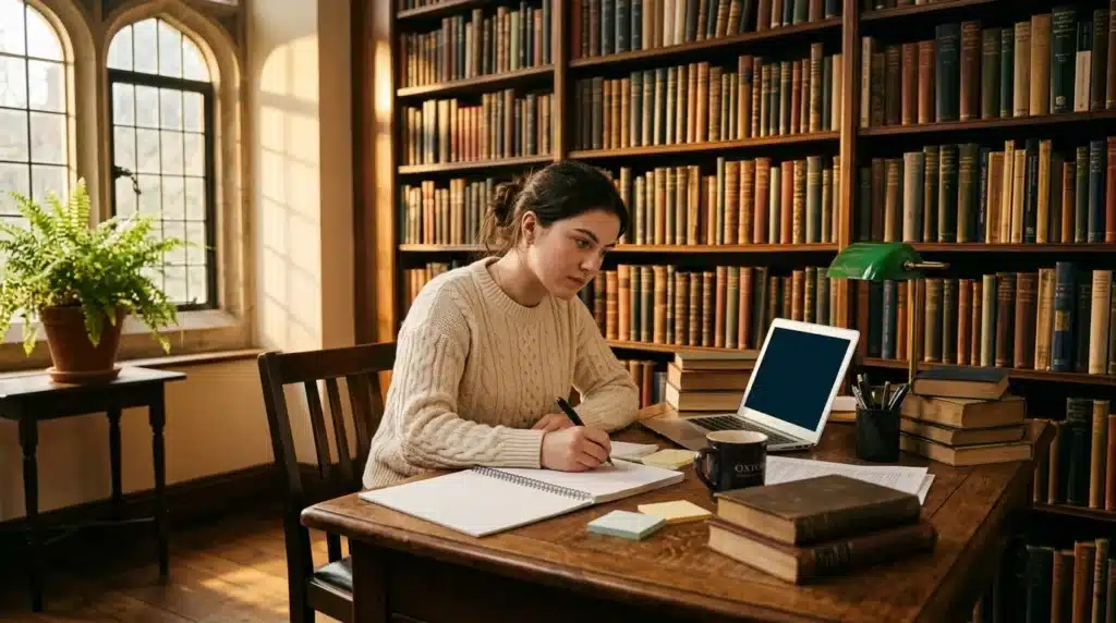 Femme étudiant à son bureau dans une bibliothèque historique