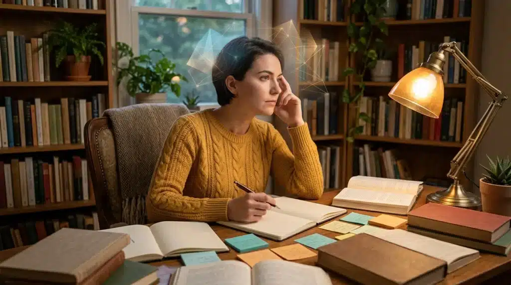 Femme réfléchit à son bureau entourée de livres