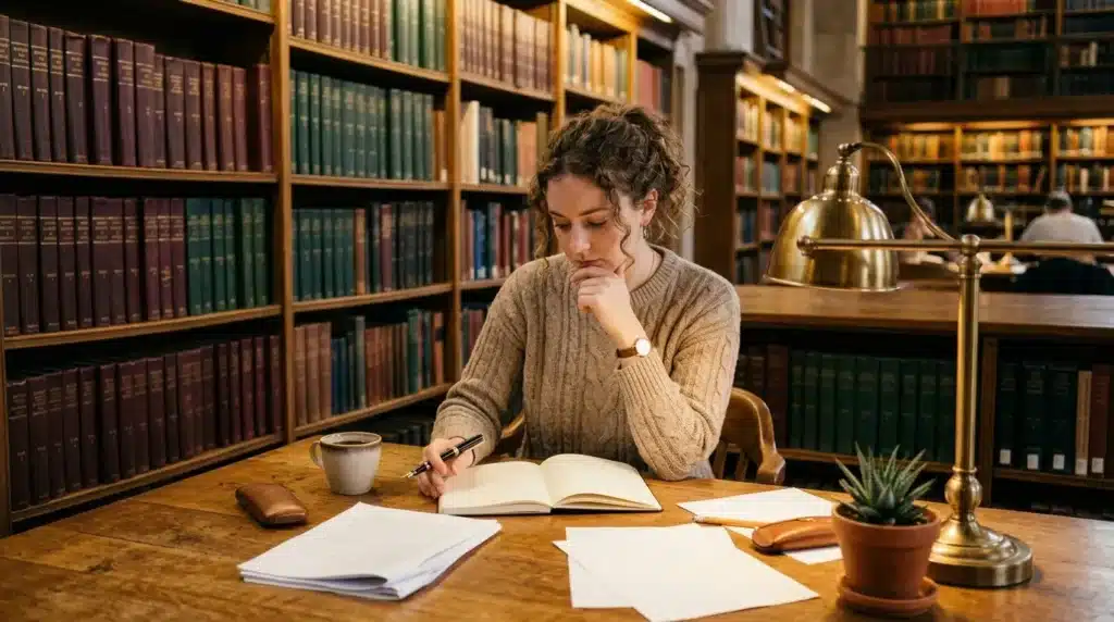 Femme étudiant à une table en bibliothèque avec des livres