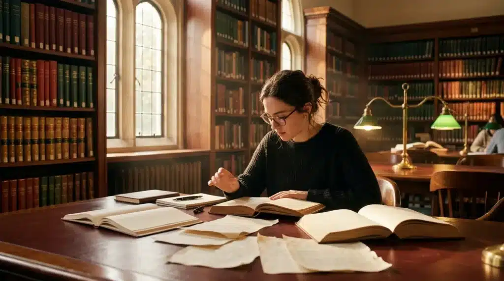 Femme étudiant dans une bibliothèque historique avec livres