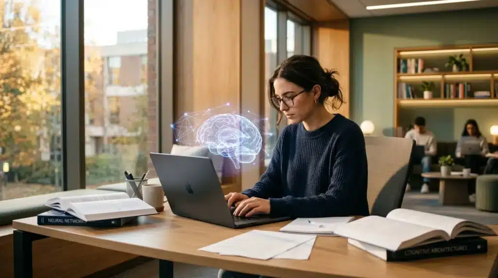 Femme utilisant un ordinateur portable avec visualisation holographique de cerveau