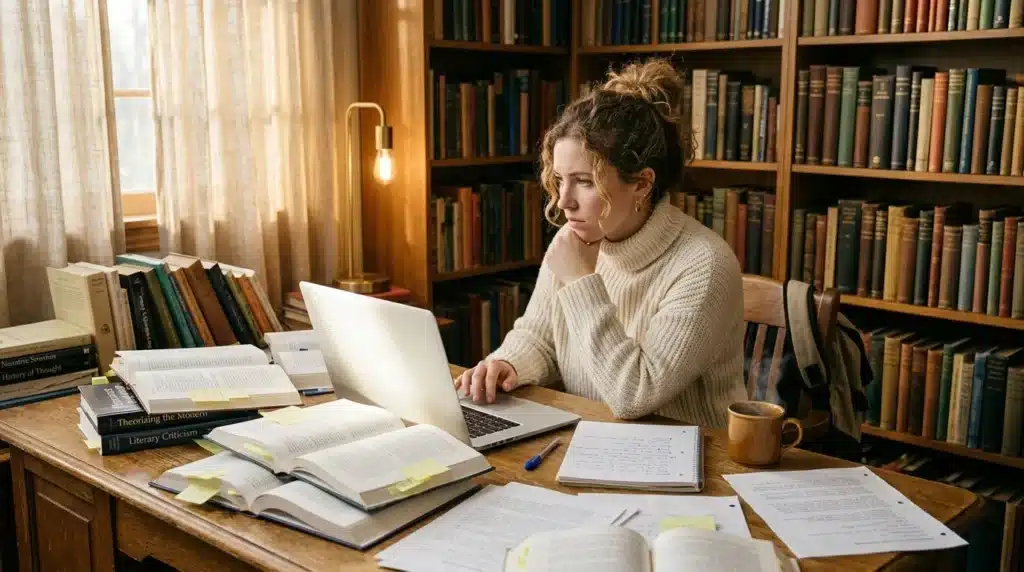 Femme étudiant sur ordinateur portable entourée de livres