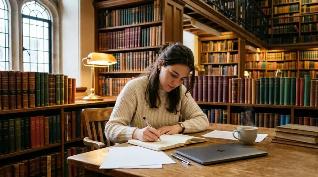 Jeune femme écrivant à une table dans une bibliothèque ancienne