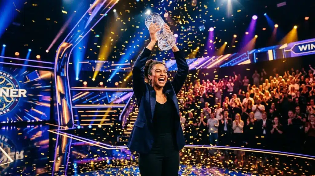 Femme levant un trophée cristal sous confettis dorés